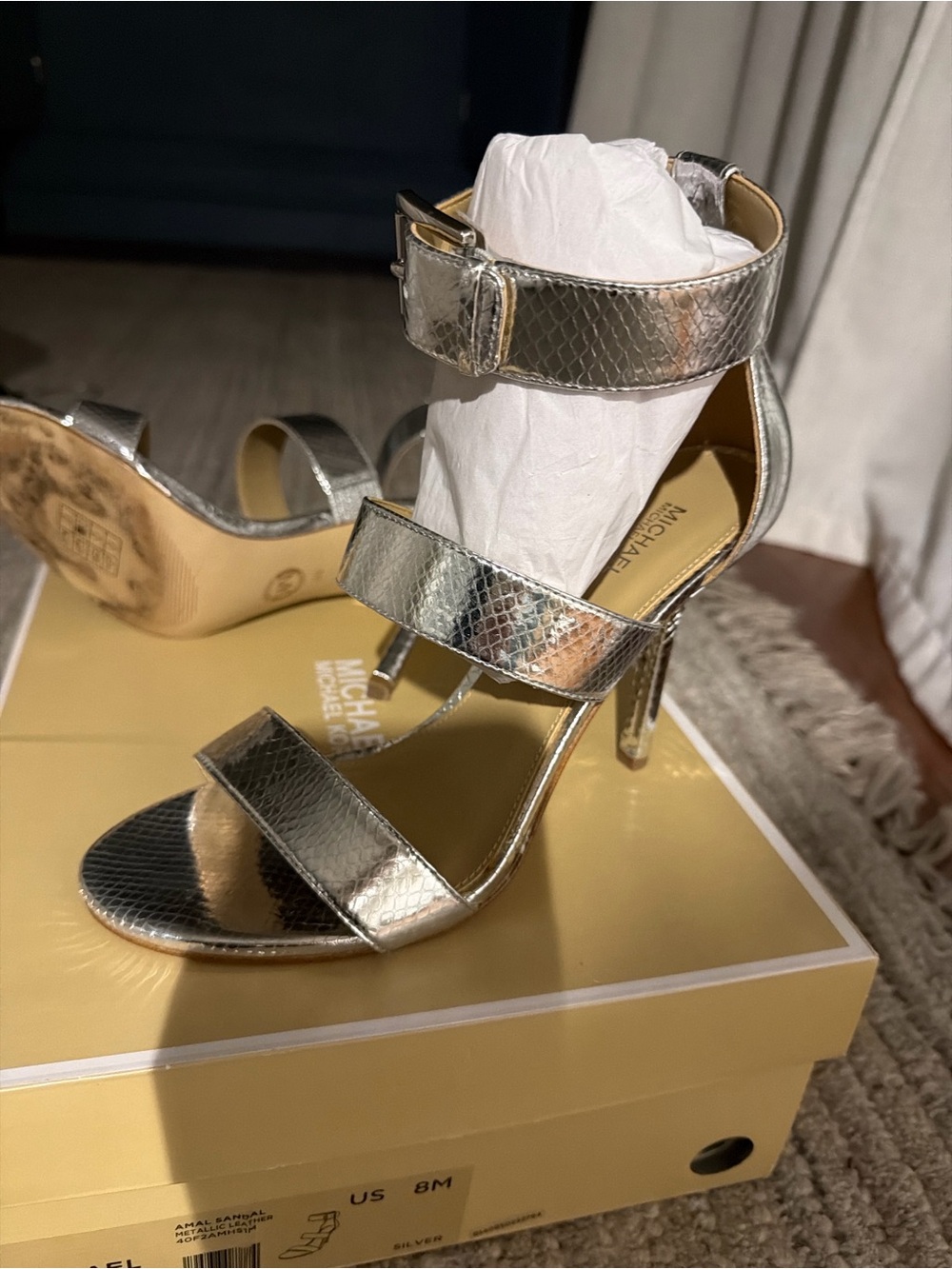 Michael Kors Silver Metallic Strappy Stiletto Sandals - Picture 4 of 5
